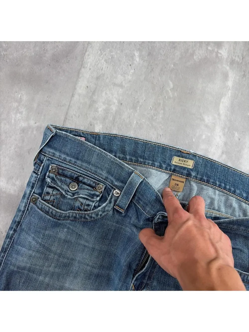 Y2K Blue True Religion Grunge Ricky Straight Distressed Skater Denim Jeans